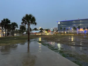 The Great Lawn at Water's Edge Park after overnight rain